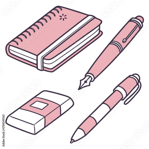Pink notebook pen and eraser icons fountain pen ballpoint pen