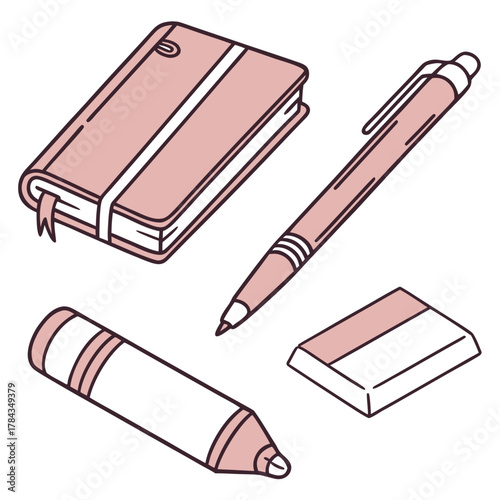 Pink notebook pen and eraser icons marker stationery
