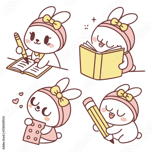 Four cute bunnies with pastel accessories engaged in study