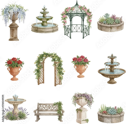 Classic Watercolor Garden Architecture and Floral Decor Set