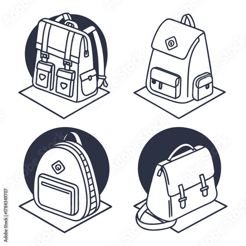 Four different school bag icons in outline style backpack