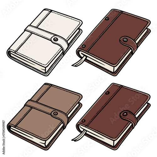 Four leather bound notebooks with straps and bookmarks