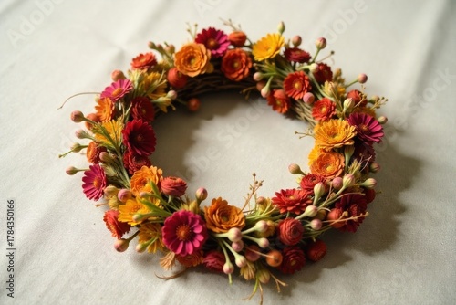 Dried Flower Wreath with Earthy Tones and Textures A circular wreath composed of a variety of dried flowers and grasses in warm, earthy tones, creating a rich texture. Presented on a light linen