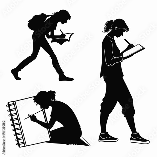 Three black silhouette figures drawing and writing
