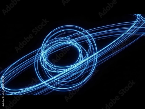 A mesmerizing display of swirling blue light trails against a stark black background creating a dynamic effect