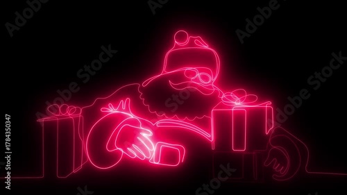 Animated glowing neon Happy new year text icon and Concept of Christmas and New Year's Celebrations gift on a black background with 4k animation motion video.