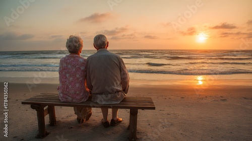 Senior couple sitting on a bench watching the sunset by the ocean together