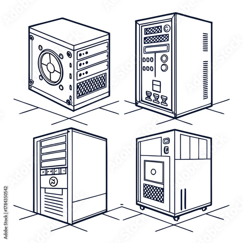 Four computer tower outlines on grid desktop