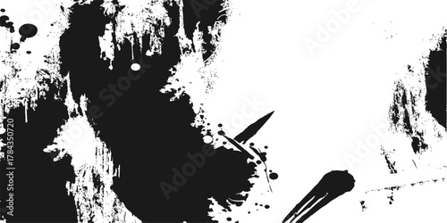 Black grunge ink splat texture illustration with paint drip border and spray pattern