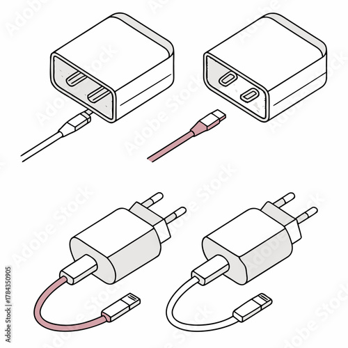 Four isometric phone charger icons with cables power adapter