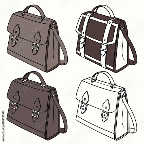 Four satchel style school bags in brown and white briefcase