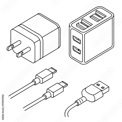 Phone charger and cable icons isometric line art USB charger