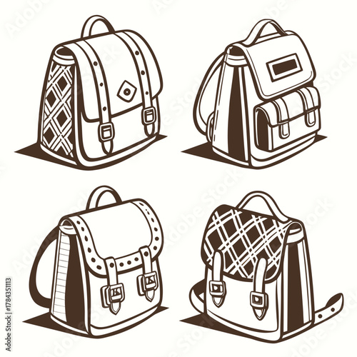 Four vintage style school bags with textured leather patterns