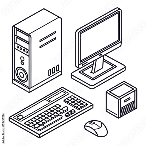 Isometric computer desktop components outline tower