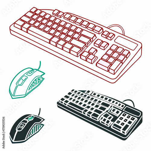 Red and green computer keyboards and mice icons mouse