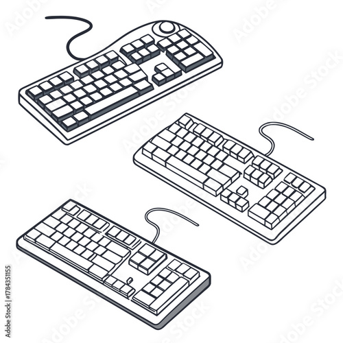 Three computer keyboards in isometric view technology