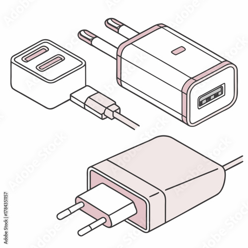 Three isometric phone charger icons with pink accents