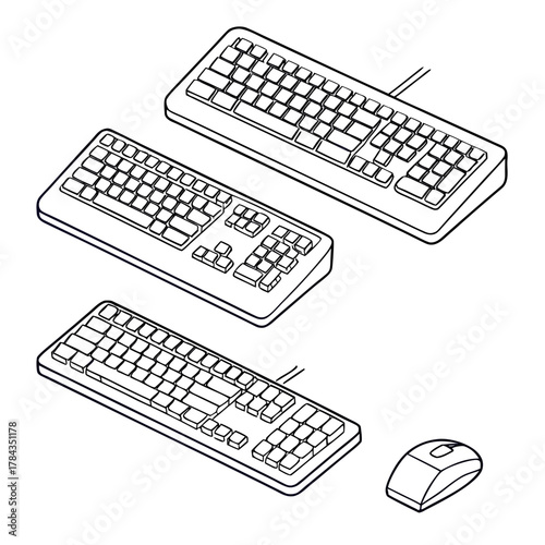 Three outline keyboards and one mouse computer keyboard