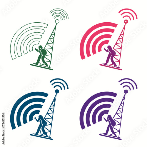 Four futuristic neon wi fi enabled icon vector set