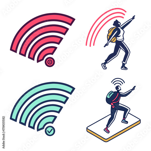 Four futuristic wi fi icons with people and devices