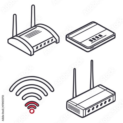 Four isometric wifi router icons and signal waves wireless