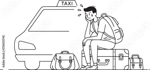 Frustrated man waiting for a taxi with luggage