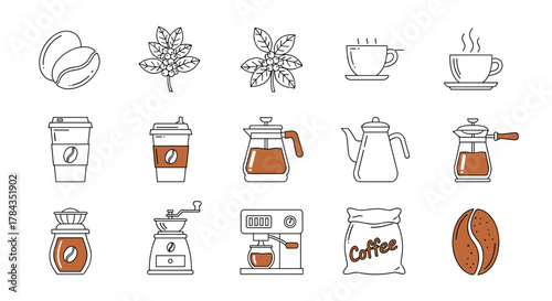A vibrant and comprehensive collection of thin line coffee icons, featuring roasted coffee beans, coffee plants with berries, steaming cups, takeaway cups, traditional and modern coffee makers