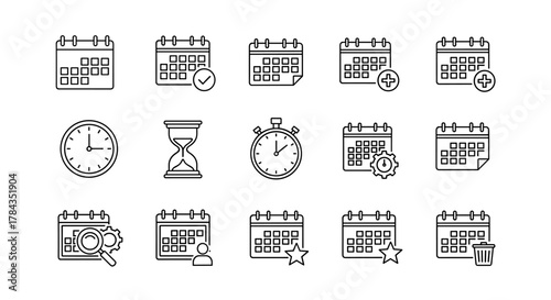 A comprehensive collection of calendar and time-related line icons, featuring various representations of scheduling, planning, and time management tools, perfect for graphic and web design, apps, and