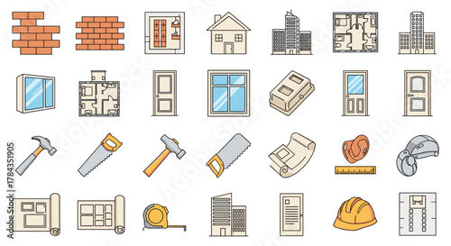 A vibrant collection of line icons and outline signs related to construction and architecture, featuring brick walls, detailed floor plans, various doors and windows, blueprints, hammers, saws