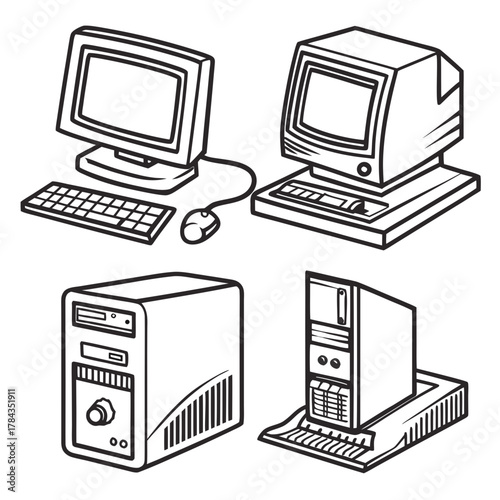 Four vintage computer icons with C R T monitors and towers