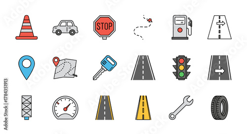 Collection of flat design icons representing transportation and road elements, including a car, gas station, traffic cone, stop sign, map, key, traffic lights, roads with lines, speedometer, wrench