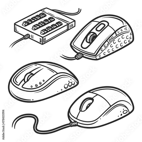 Four vintage computer mice and a controller computer mouse