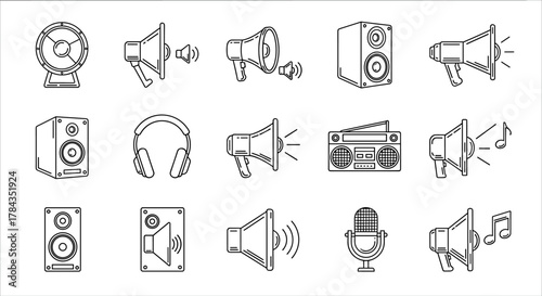 Collection of Loud Speaker Related Line Icons, Outline Signs for Graphic and Web Design, Apps, Adverts, Various Cards, Vector Cartoon Illustration with Megaphone, Speaker, Headphones, Microphone, and