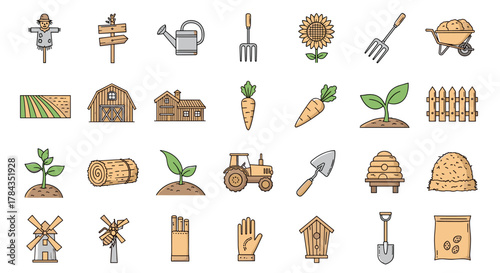 A vibrant collection of hand-drawn farm and garden icons, featuring a scarecrow, wooden signpost, watering can, pitchfork, sunflower, wheelbarrow, tilled fields, barns, carrots, saplings, fences, hay