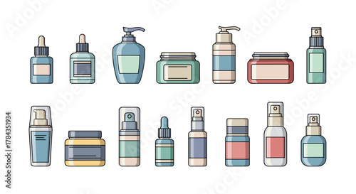 Set of various cosmetic bottles and jars with pumps and droppers, presented in a clean, flat cartoon style with pastel colors, perfect for beauty and skincare graphics, isolated on a white