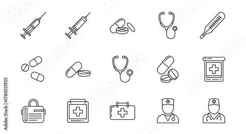 Collection of outline medical icons for apps, websites, banners, and infographics, featuring syringes, stethoscopes, pills, thermometers, first aid kits, and doctors, all hand-drawn with thin lines
