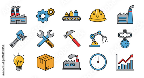 Vibrant collection of factory and manufacturing signs, perfect for apps, websites, banners, and infographics. This vector cartoon illustration features industrial elements like factories, gears