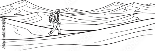 Lone hiker navigates vast desert landscape with distant mountains