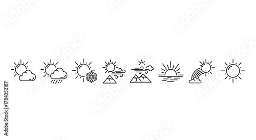 Set of thin line icons representing various weather conditions and natural phenomena, including sun with clouds, rain, snow, wind, mountains, sunrise over water, and a rainbow, all editable and