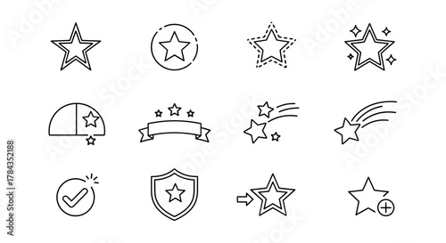 Collection of Star Outline Icons: A versatile set of vector cartoon illustrations featuring stars in various forms, including single stars, shooting stars, stars within shields, and stars with