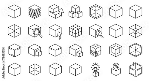 Collection of various cube icons with editable stroke, perfect for infographics, articles, books, flyers, and banners. This vector cartoon illustration features simple line art representations of