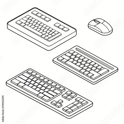 Three keyboards and one computer mouse isometric line art