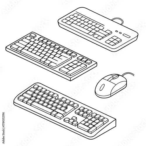 Three keyboards and one computer mouse line art technology