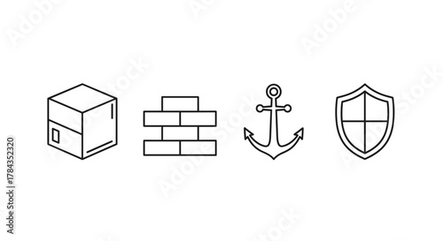 A minimalist, thin line icon set featuring a cube-shaped box, a brick wall, a nautical anchor, and a shield, presented on a white background. These outline signs are perfect for graphic and web