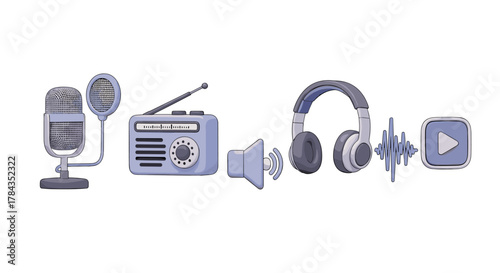 A charming 3D cartoon illustration set featuring essential audio and podcasting equipment, including a vintage microphone, a retro radio, headphones, a speaker icon, a sound wave, and a play button