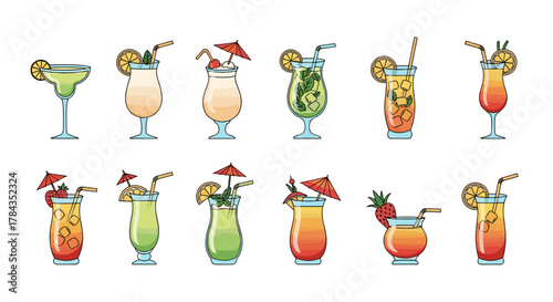 Collection of vibrant and refreshing beach cocktails, perfect for summer promotions, infographics, articles, books, flyers, and banners. This editable stroke vector cartoon illustration features a