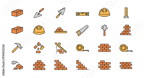 A vibrant collection of thin line icons representing bricklaying and construction tools, perfect for web, books, cards, and apps. This editable stroke vector cartoon illustration on a white
