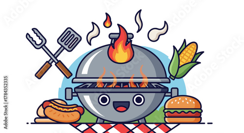 Vibrant and playful illustration of a happy cartoon barbecue grill with flames, surrounded by classic picnic foods like a hot dog and hamburger, alongside corn on the cob and grilling utensils