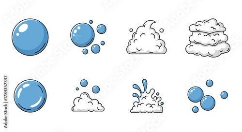 Set of cartoon bubble and foam pictograms for graphic design, websites, cards, books, and articles. This ordered set of vector illustrations on a white background features various bubble sizes and
