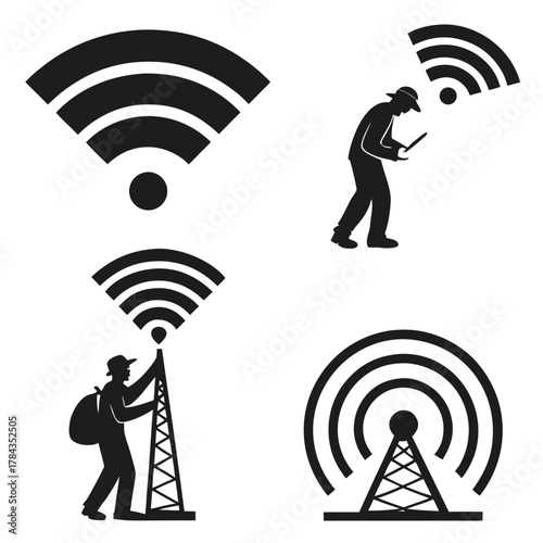 Four black silhouette icons representing Wi- Fi signals and connectivity